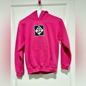 M22. Girls pink hoodie. Front kangaroo pocket. Youth size medium.